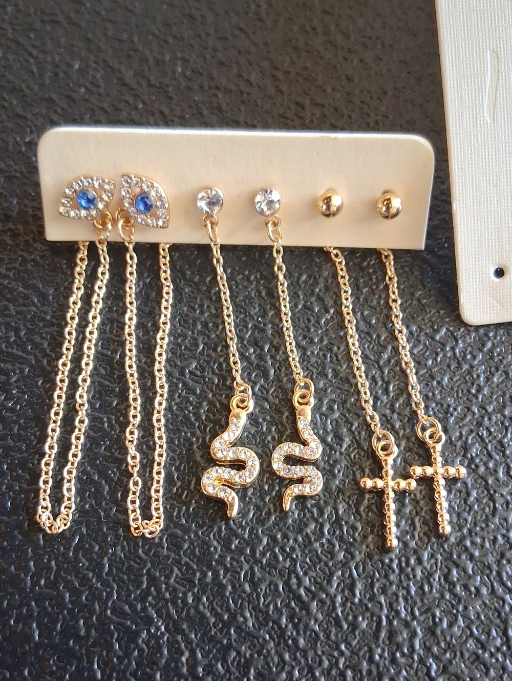 Gold Snake and Cross Drop Earring Set with Blue Accent - Women Jewelry